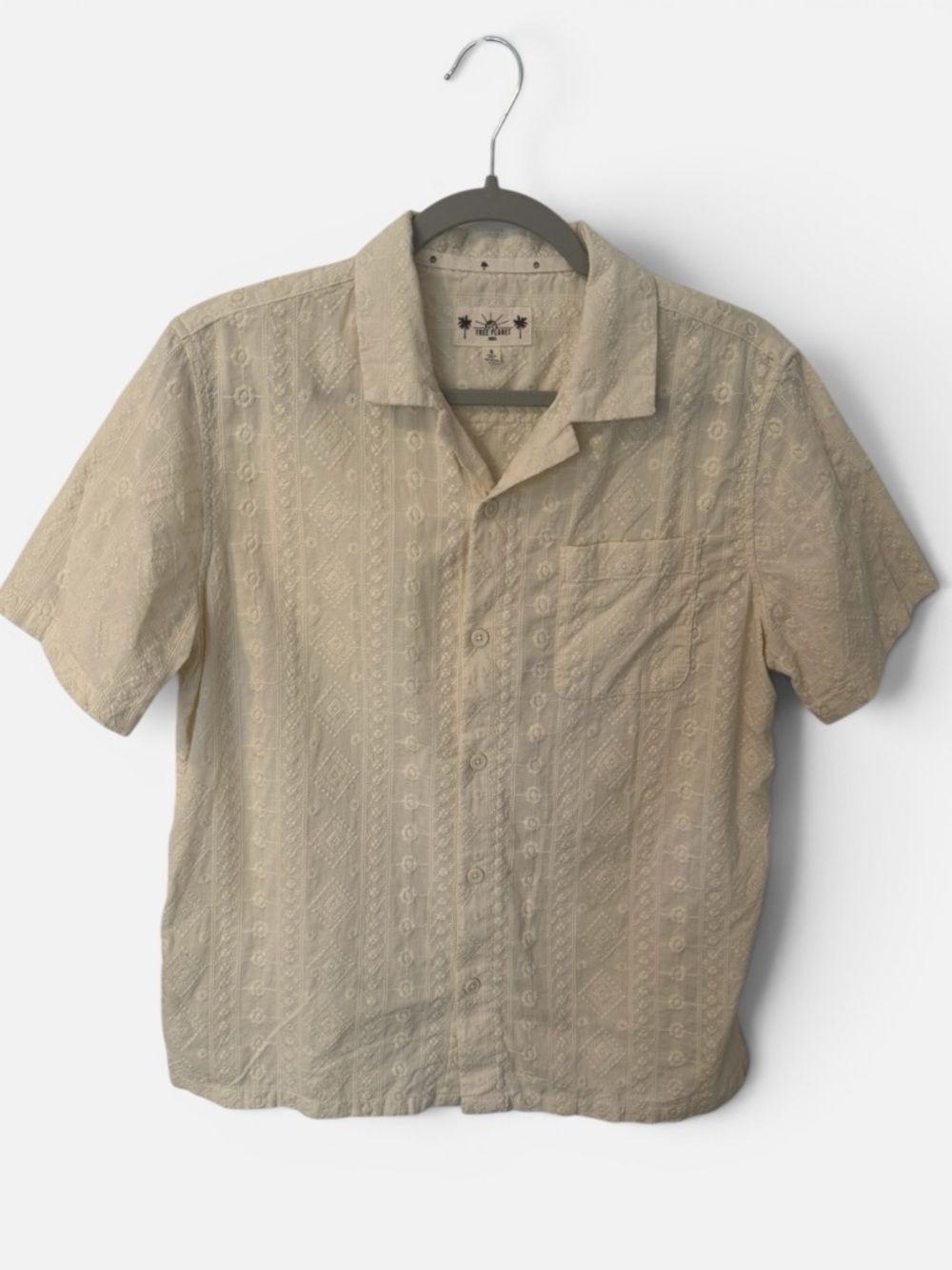 Free Planet Embroidered Boho Resort Shirt - 100% Cotton - Cream - S